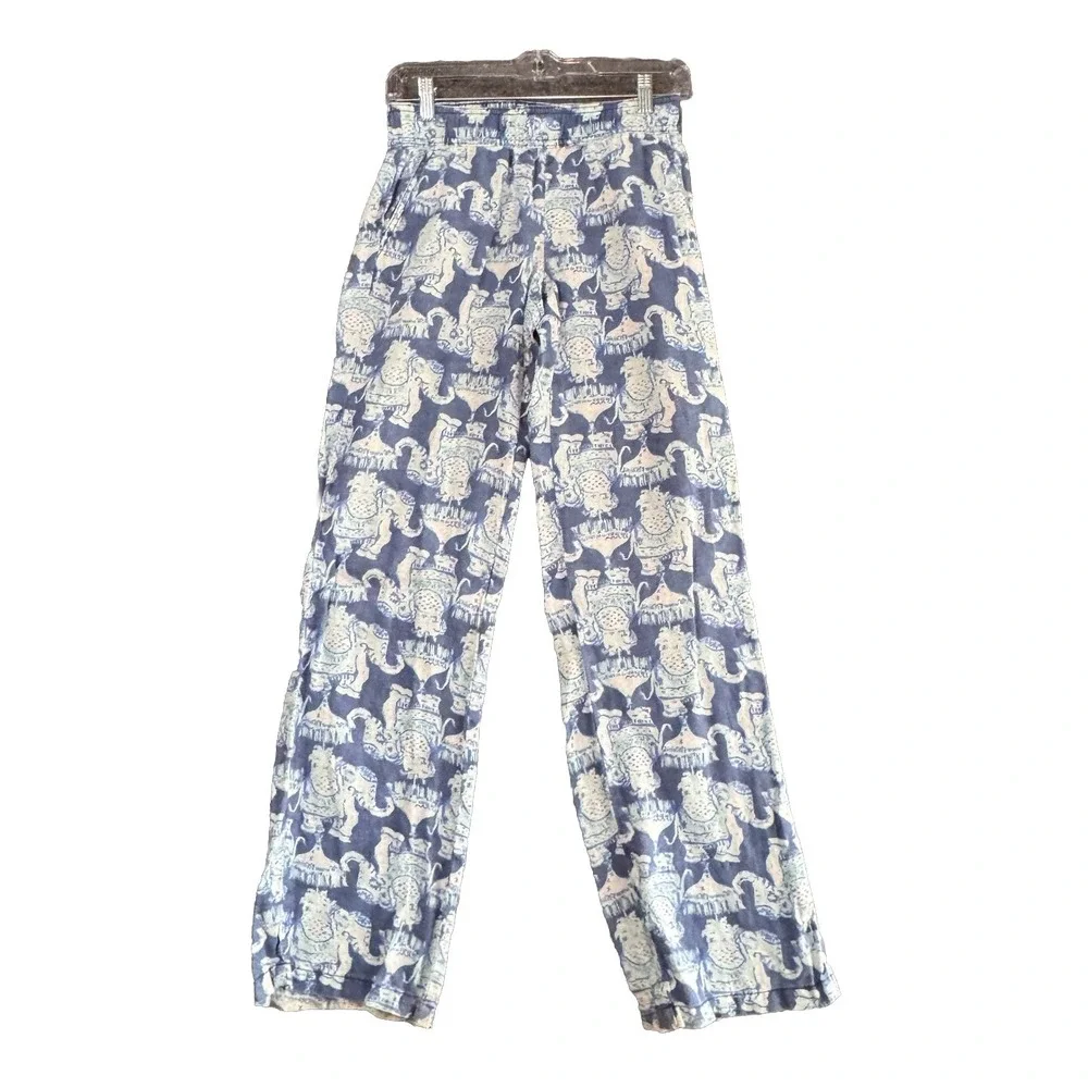 Lilly Pulitzer Linen Pants Womens Size XS Blue White Elephants 4-pocket Pull-On